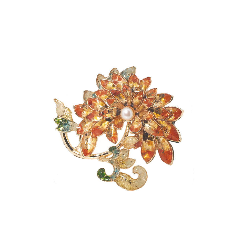 Red Stone Inlay Floral Chrysanthemum Brooch