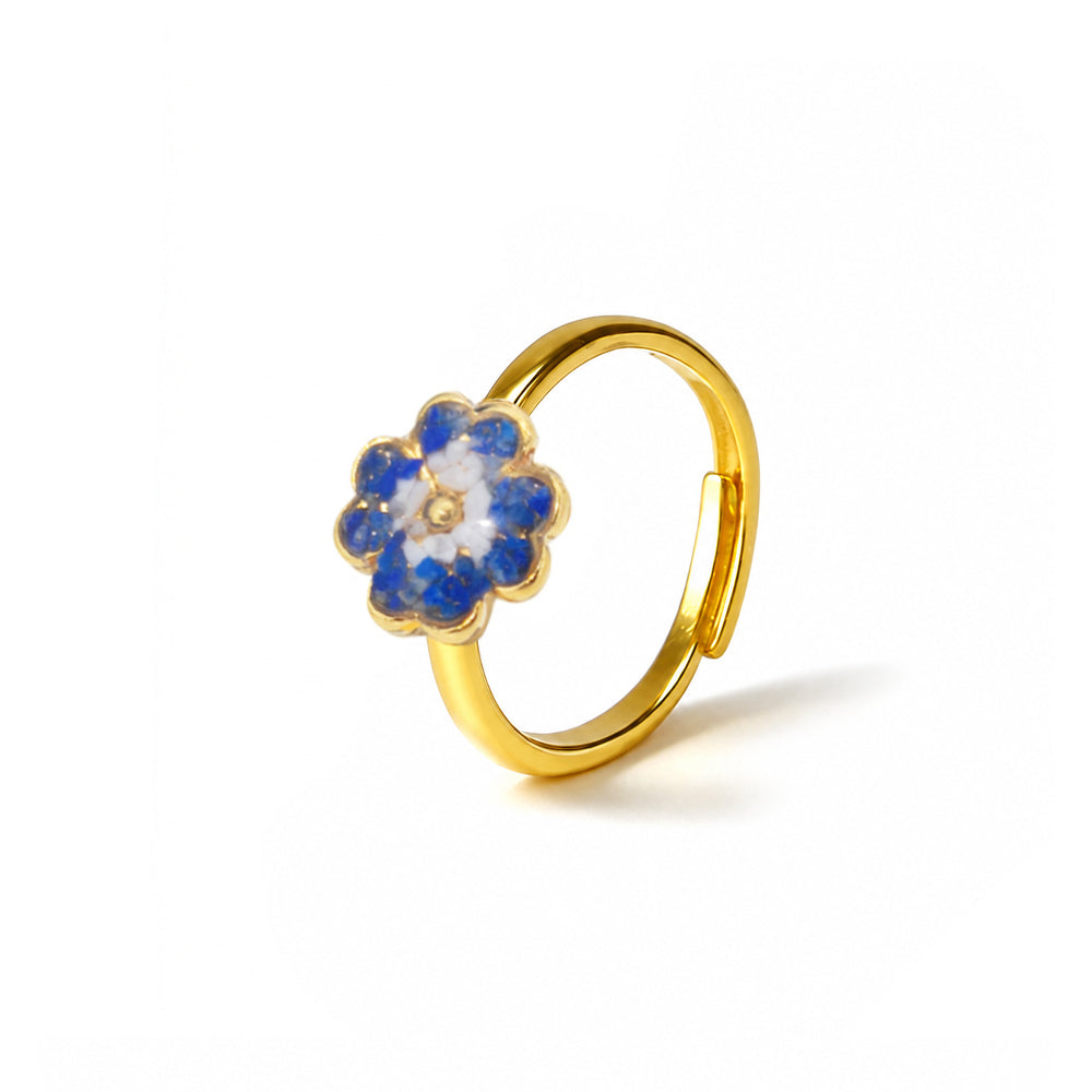 Color Stone Inlay Blue & White Four-Leaf Clover Adjustable Ring