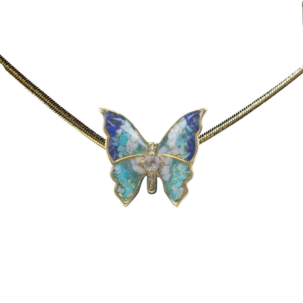 Color Stone Inlay Butterfly Necklace – Blue & White Style