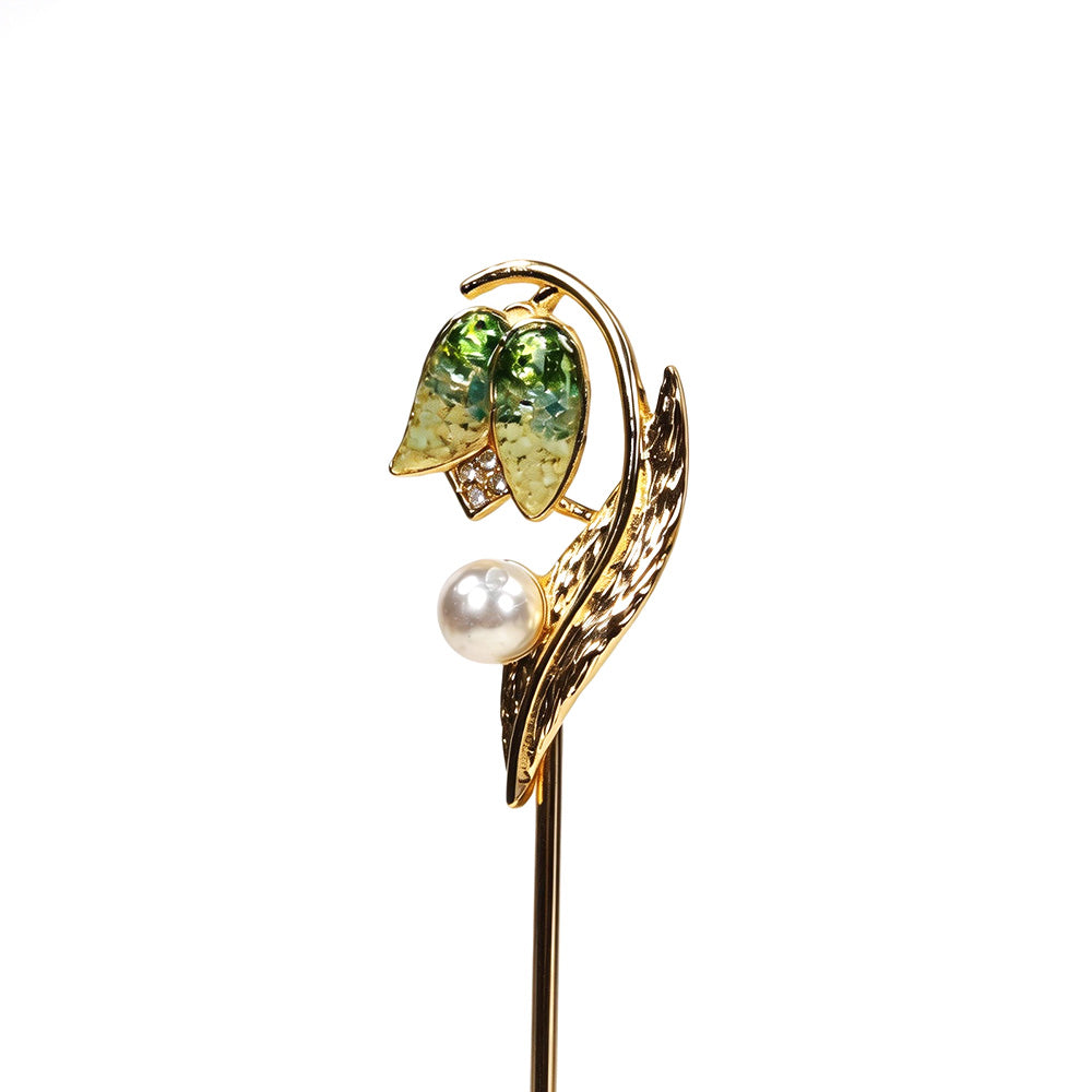 Enameled Tulip Hairpin with Jadeite Green Inlay