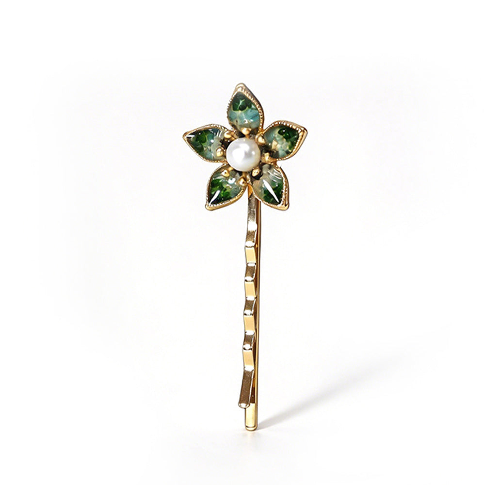 Jadeite Green Five-Star Flower Hairpin with Colored Stone Inlay