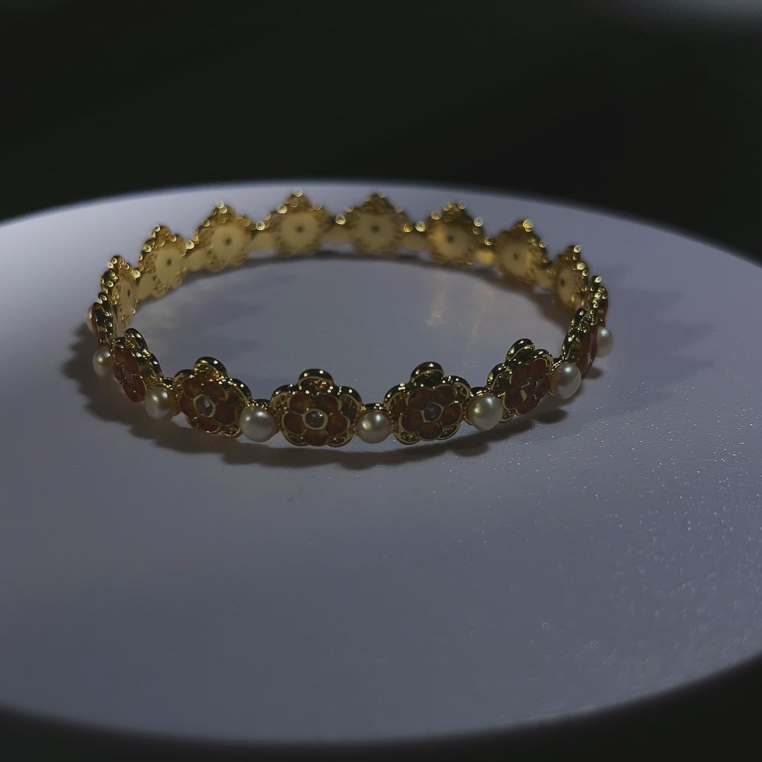 Color Stone Inlay Heavy Pearl Bracelet with Openwork Peach Blossom Design Prosperous Red Series